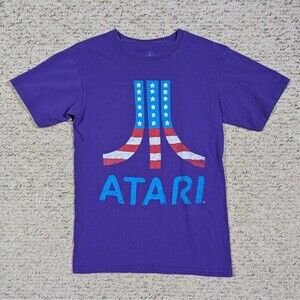 Atari T-Shirt USA Logo American Flag Retro Purple Mens SMALL Video Gamer Tee